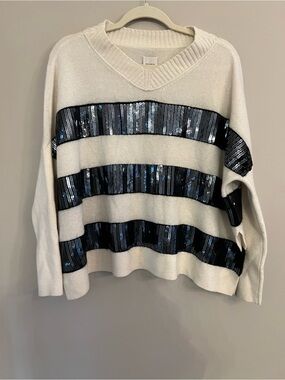 Maeve by Anthropologie 100% Cashmere Sequin Striped Sweater in Cream/Ivory